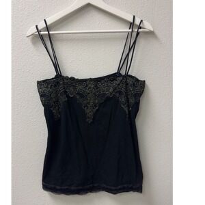 American Exchange Cami Top Womens S Black Gold Lace Spaghetti Strap Coquette Y2K